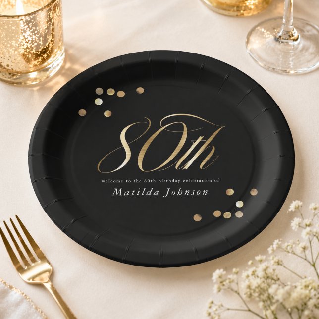 Plato De Papel Fiesta de Cumpleaños número 80 Elegante de Negro y (Elegant Black and Gold 80th Birthday Party Paper Plates)