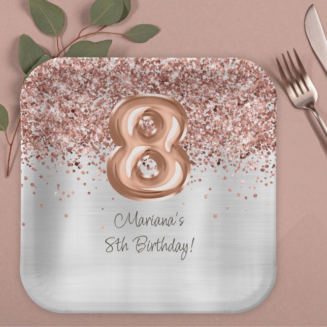 Plato De Papel Fiesta de cumpleaños número 8 de Rose Gold Silver (Subido por el creador)