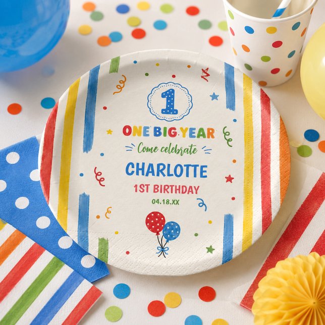 Plato De Papel Fiesta de cumpleaños número uno Bold Rainbow One B (Bold Rainbow One Big Year 1st Birthday party Paper Plates
)