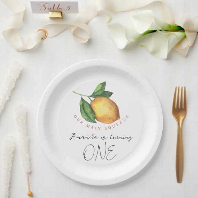 Plato De Papel Fiesta de cumpleaños número uno con limón cítrico  (Boda)