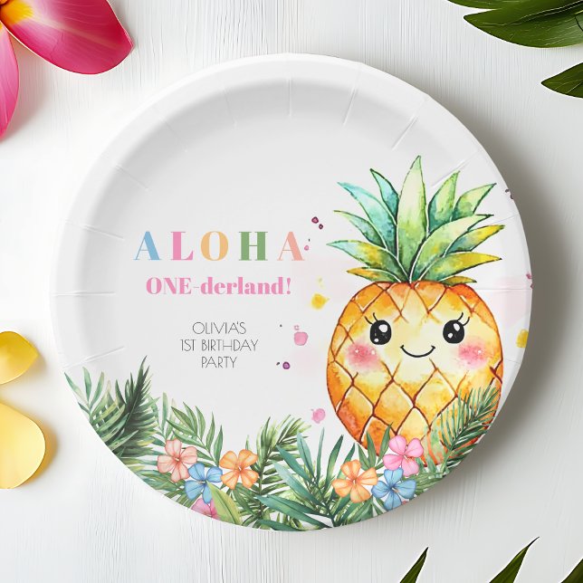 Plato De Papel Fiesta de Cumpleaños número uno con tema de Aloha  (Tropical Pineapple Summer Aloha 1st Birthday Party Paper Plates)