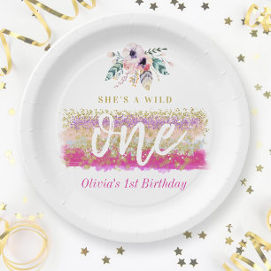 Plato De Papel Fiesta de cumpleaños número uno de Boho Floral Wil
