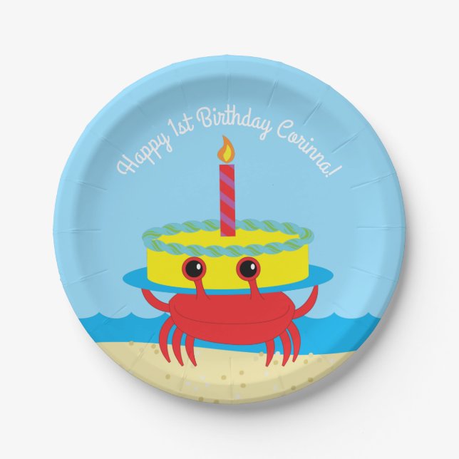 Plato De Papel Fiesta de cumpleaños número uno de Cute Crab Beach (Anverso)
