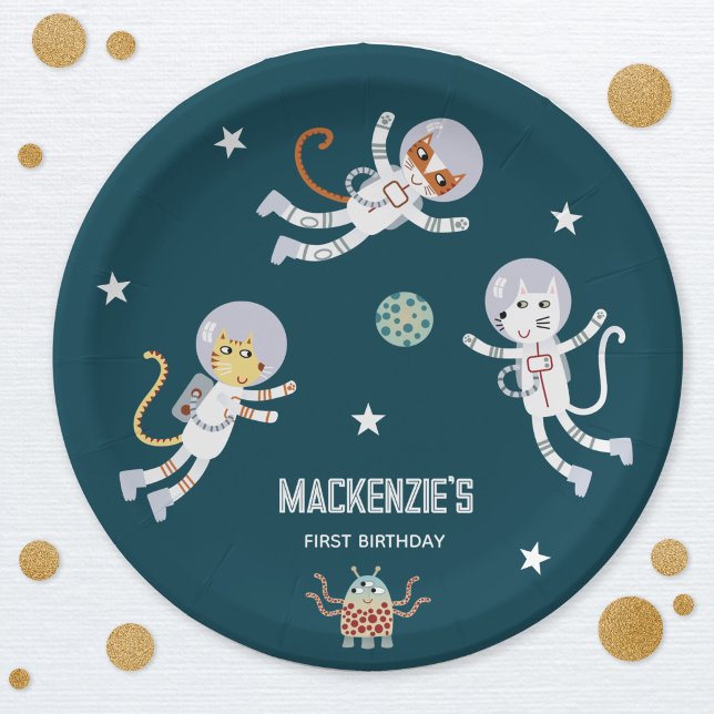 Plato De Papel Fiesta de cumpleaños número uno de gatos espaciale (Fun space themed cat first birthday party personalized kids name paper plates)