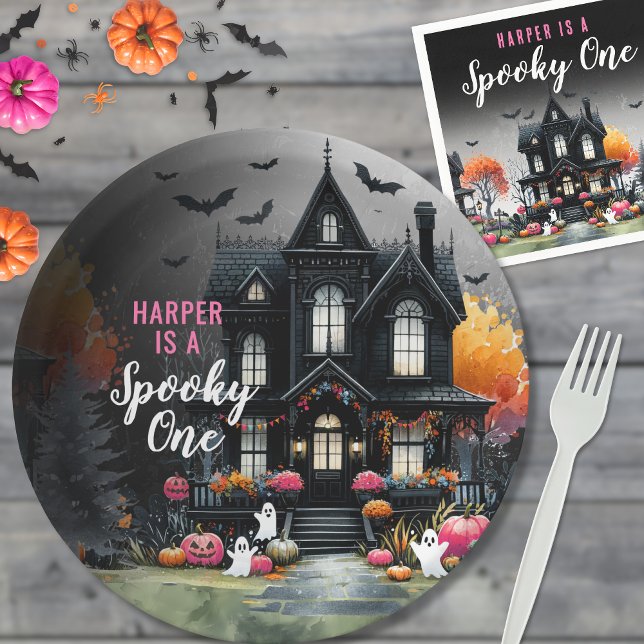 Plato De Papel Fiesta de Cumpleaños número uno de Halloween Rosa  (Spooky One Pink Halloween 1st Birthday Party Paper Plates)