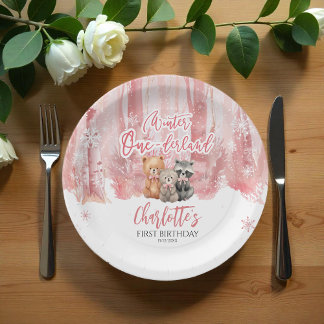 Plato De Papel Fiesta de cumpleaños número uno de Oso Rosa Oneder