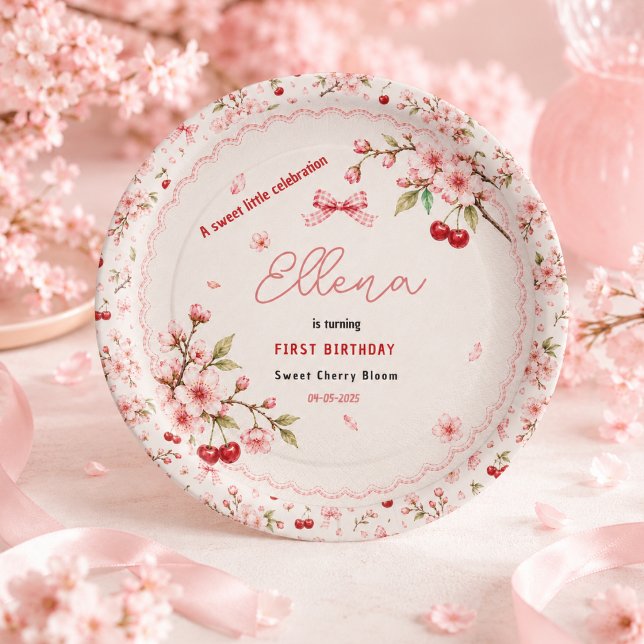 Plato De Papel Fiesta de cumpleaños número uno de Sweet Cherry Bl (Sweet Cherry Blossom 1st Birthday girl Party Paper Plates
)
