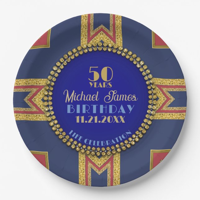 Plato De Papel Fiesta de cumpleaños Patriot Red Gold Blue (Anverso)