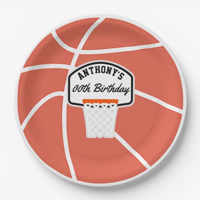 Plato De Papel Fiesta de cumpleaños personalizada de baloncesto (Anverso)