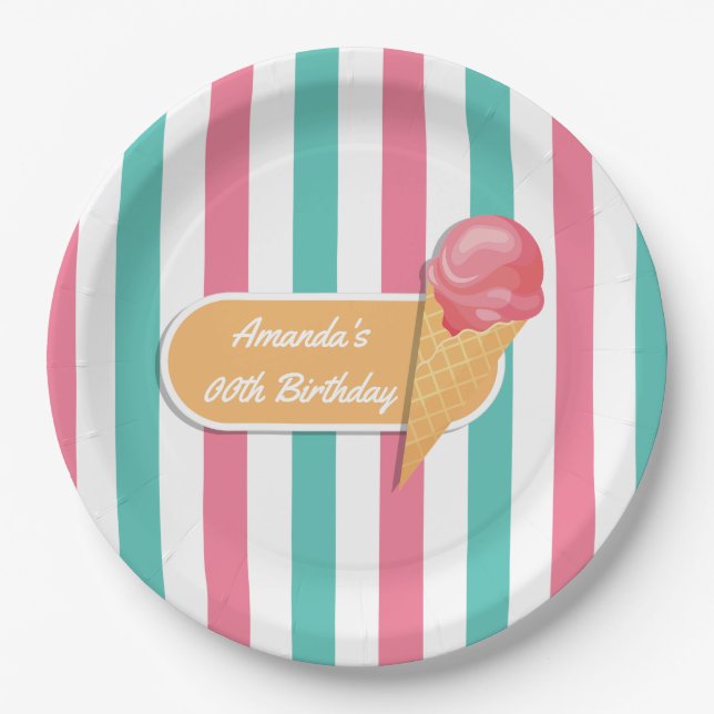 Plato De Papel Fiesta de cumpleaños personalizada de helado (Anverso)