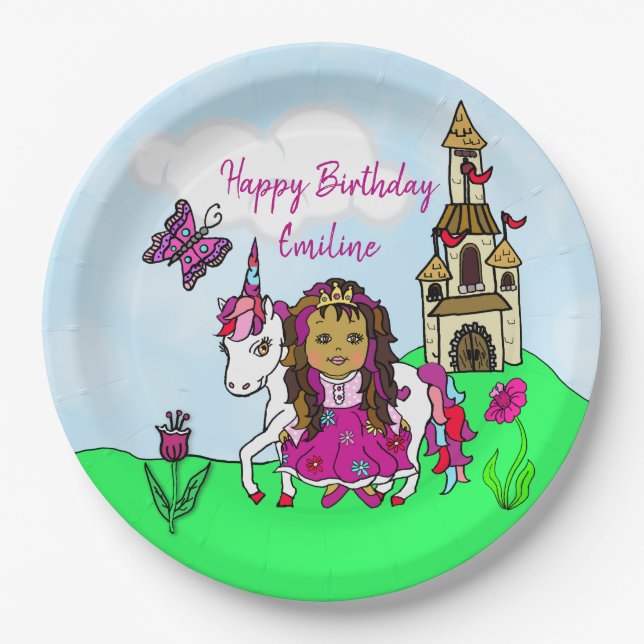 Plato De Papel Fiesta de Cumpleaños Personalizada de Princesa y U (Anverso)