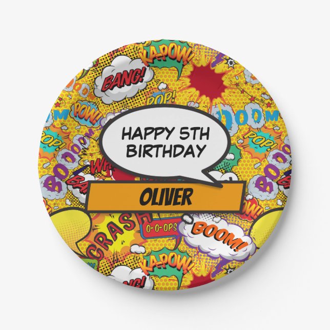 Plato De Papel Fiesta de cumpleaños personalizada de superhéroe d (Anverso)