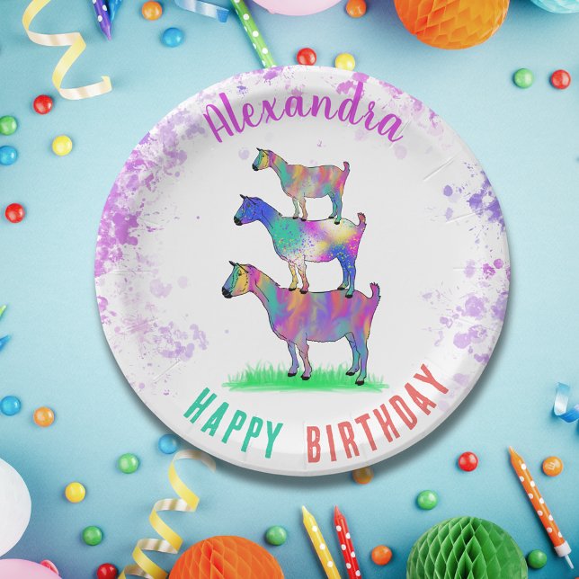 Plato De Papel Fiesta de cumpleaños personalizada para cabras (Cute goat farm animal themed birthday party colorful watercolor animal art)