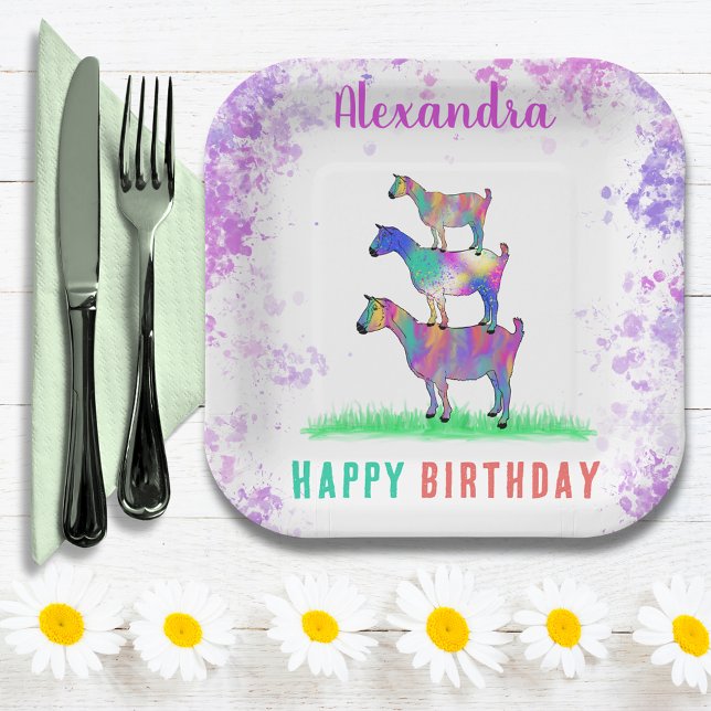 Plato De Papel Fiesta de cumpleaños personalizada para cabras (Cute goats colorful farm animal art happy birthday party custom paper plate)