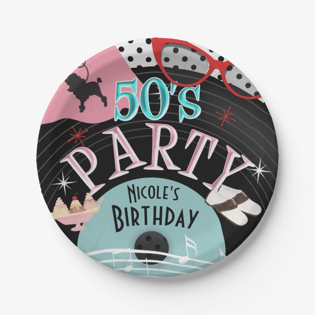 Plato De Papel Fiesta de Cumpleaños Personalizada Tema Discos 50' (Anverso)