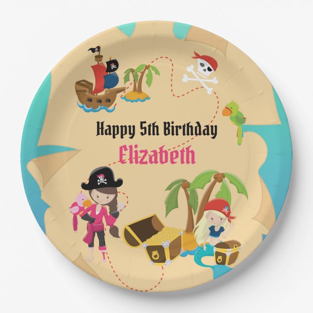 Plato De Papel Fiesta de cumpleaños pirata niña mapa tesoro lindo (Anverso)