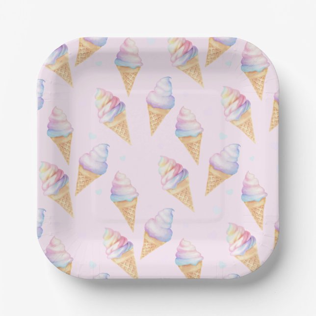 Plato De Papel Fiesta de Cumpleaños Plates con helado dulce. (Anverso)