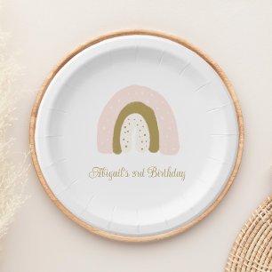 Plato De Papel Fiesta de cumpleaños Rainbow de color rosa y dorad