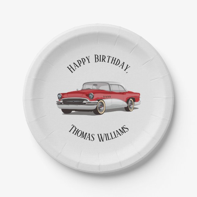 Plato De Papel Fiesta de cumpleaños Retro Red and White Buick (Anverso)