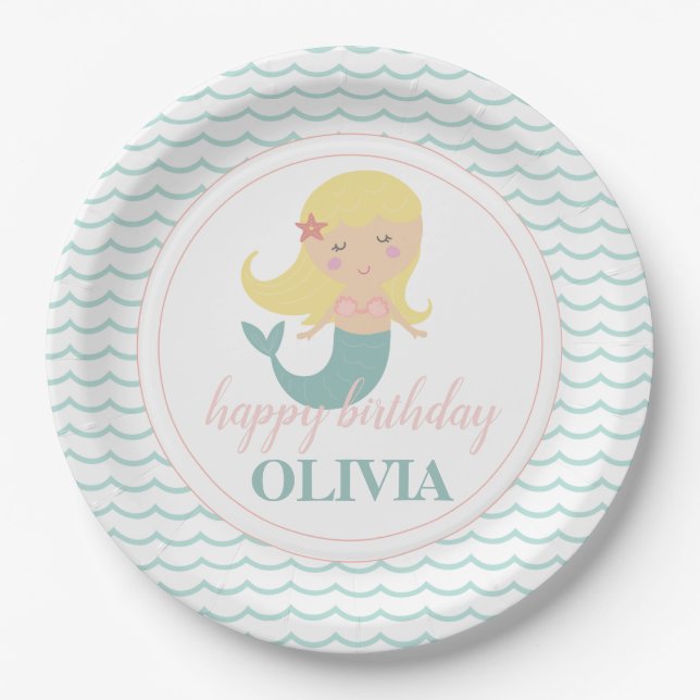 Plato De Papel Fiesta de cumpleaños rosa Mermaid Pastel (Anverso)