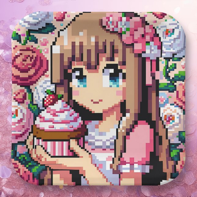 Plato De Papel Fiesta de cumpleaños rosado del Chica de Arte Pixe (Subido por el creador)