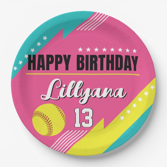 Plato De Papel Fiesta de cumpleaños rosado Verde azulado amarillo (Anverso)