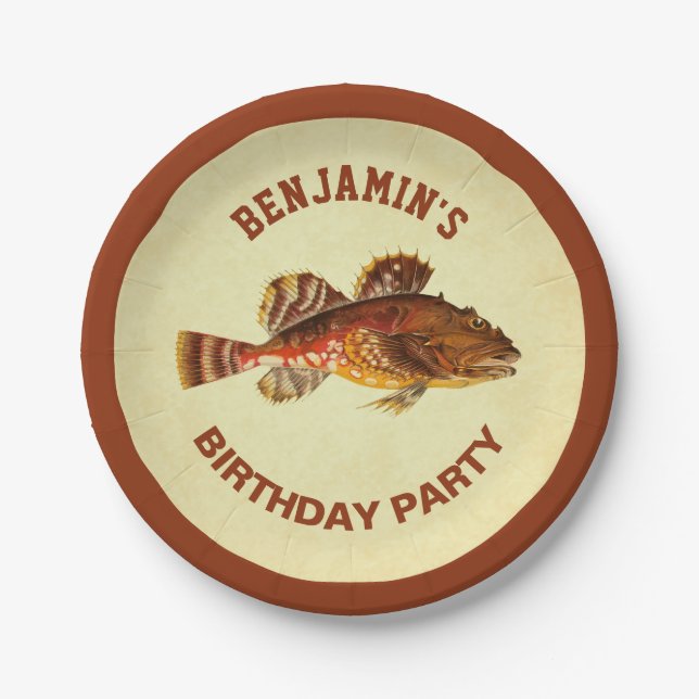 Plato De Papel Fiesta de cumpleaños rústica de la pesca del (Anverso)