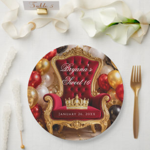 Plato De Papel Fiesta de Cumpleaños Silla Real Coronada en Oro