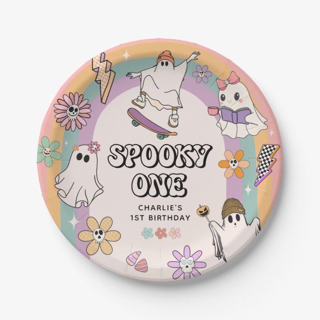 Plato De Papel Fiesta de cumpleaños Spooky One Retro Fun Hallowee (Anverso)