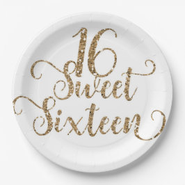 Plato De Papel Fiesta de Cumpleaños Sweet 16 con Brillo Blanco y