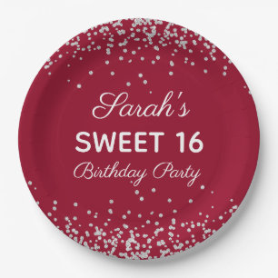 Plato De Papel Fiesta de cumpleaños Sweet 16 con brillo plateado 