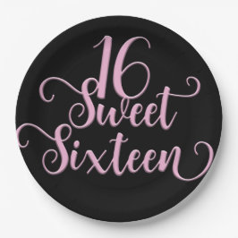 Plato De Papel Fiesta de Cumpleaños Sweet 16 de Black & Pink