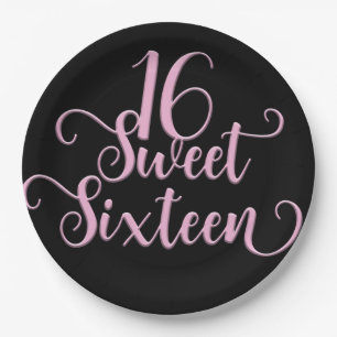 Plato De Papel Fiesta de Cumpleaños Sweet 16 de Black & Pink