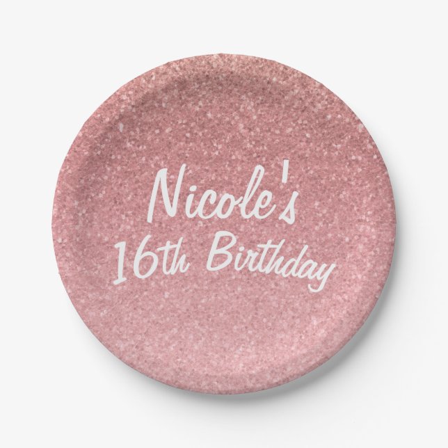 Plato De Papel Fiesta de Cumpleaños Sweet 16 Rosa Brillante de Cu (Anverso)