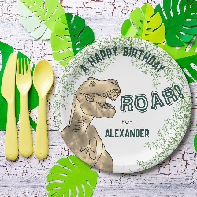 Plato De Papel Fiesta de cumpleaños temática de dinosaurios Añadi (Dinosaur jungle T-Rex roar happy birthday party custom paper plate add name )