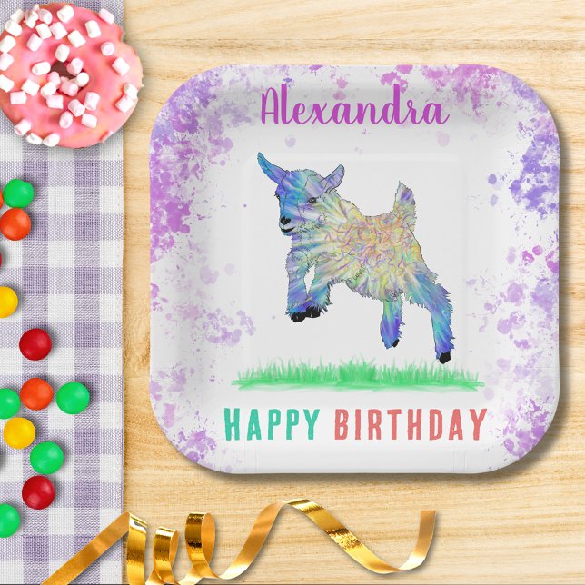 Plato De Papel Fiesta de cumpleaños temática de granja de cabras (Cute goat farm animal birthday party paper plate colorful watercolor animal art)