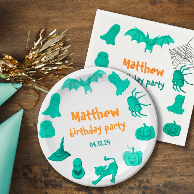Plato De Papel Fiesta de cumpleaños temática de Halloween verde P (Green Halloween-themed birthday party Paper Plate
)