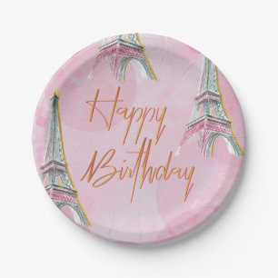 Plato De Papel Fiesta de cumpleaños temática de París rosa y dora
