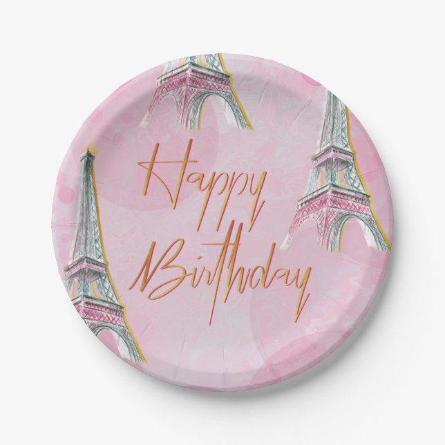 Plato De Papel Fiesta de cumpleaños temática de París rosa y dora (Anverso)