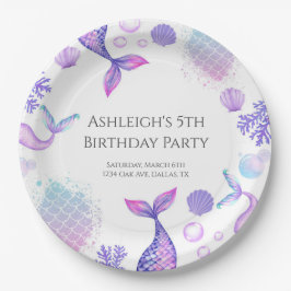 Plato De Papel Fiesta de cumpleaños temática de Sirena Púrpura