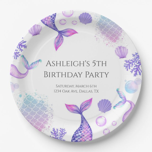 Plato De Papel Fiesta de cumpleaños temática de Sirena Púrpura (Anverso)