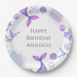 Plato De Papel Fiesta de cumpleaños temática de Sirena Púrpura