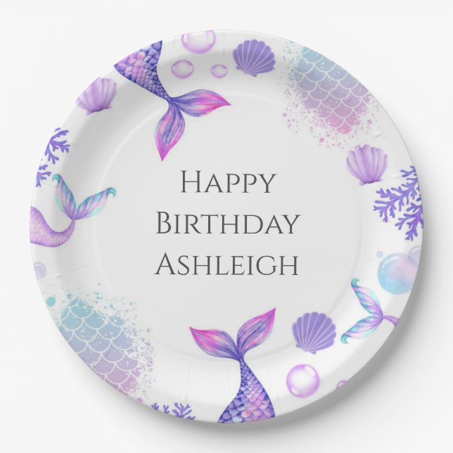 Plato De Papel Fiesta de cumpleaños temática de Sirena Púrpura (Anverso)