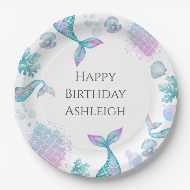 Plato De Papel Fiesta de cumpleaños temática de sirena turquesa (Anverso)