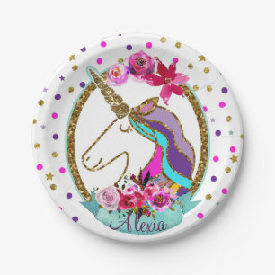 Plato De Papel Fiesta de Cumpleaños Unicornio con Lunares Brillan