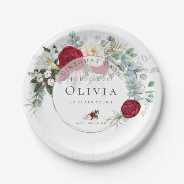 Plato De Papel Fiesta de cumpleaños | Vibrante Red Peony Bouquet (Anverso)