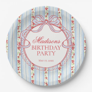 Plato De Papel Fiesta de Cumpleaños Vintage Floral Rojo y Azul El