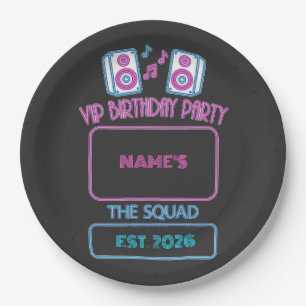 Plato De Papel Fiesta de Cumpleaños VIP Neon Squad Invitado Perso