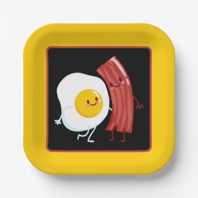 Plato De Papel Fiesta de desayuno con tocino y huevos (Anverso)