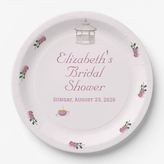 Plato De Papel Fiesta de Desayuno Nupcial en el Jardín Rosa (Anverso)